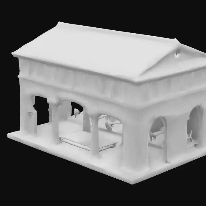 3D model for Create a 3D model of a Roman infantry barracks building. The structure should be made of stone and wood, with a large rectangular shape and a thatched or tiled roof. Include multiple columns and arches at the entrance, with walls featuring Roman brickwork. The interior should have open spaces with stone floors, wooden bunks, and weapons racks for storing swords and shields. Design the building to have a functional, military feel, suitable for training and housing Roman infantry soldiers.