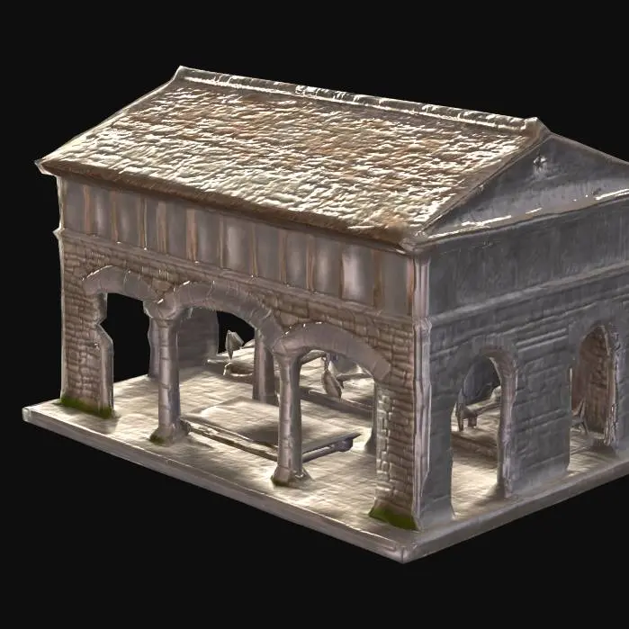3D model for Create a 3D model of a Roman infantry barracks building. The structure should be made of stone and wood, with a large rectangular shape and a thatched or tiled roof. Include multiple columns and arches at the entrance, with walls featuring Roman brickwork. The interior should have open spaces with stone floors, wooden bunks, and weapons racks for storing swords and shields. Design the building to have a functional, military feel, suitable for training and housing Roman infantry soldiers.