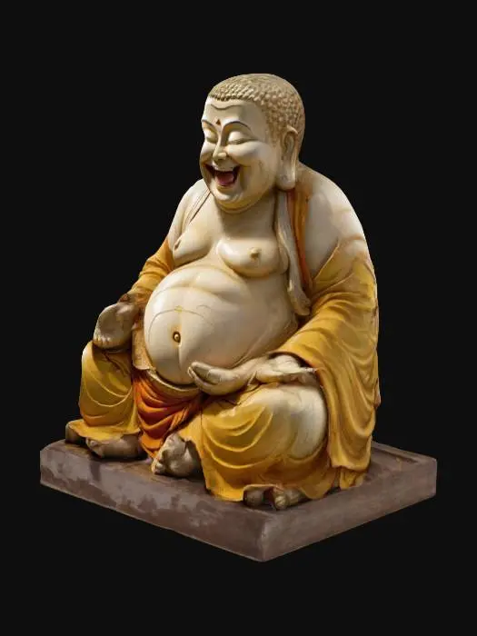 3D model for A sitting laughing buddha statue, perfect hands, laughing pose, legs hidden under his clothes