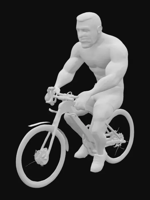 3D model for A stylised cartoon of a muscular, topless man cycling through central London. He has a square jaw, dark beard, thick brows, and a confident smile. His chest is broad and hairy, with defined abs and muscular arms gripping a white Trek road bike with red branding. He wears short black athletic shorts and bright yellow cycling shoes. His thick, hairy legs and strong posture suggest power and control. The bike is detailed with black wheels and a realistic frame. Behind him, Big Ben and the London skyline appear under a clear blue sky with soft, stylised clouds. The art style is clean and vibrant, blending comic-book aesthetics with smooth shading and playful anatomy, capturing motion, strength, and charm in an iconic urban setting.
