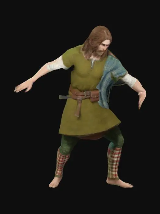 3D model for T-pose, wide arms, lifted arms. hyper realistic details, full Body

germanischer Alamanne um 400 mit langen braunen haaren und bart. 

grüne tunika mit gelbem saum 
grüne karierte enge hose aus wolle 
rote stoffbinden um die waden gewickelt

ein schmaler Ledergürtel mit einem sehr kleinen beutel und einem messer

blau karierter, hüftlanger vierecksmangel aus wolle mit fransen

ein einfacher, brauner ledergürtel mit bronzeschnalle und ein lederbeutel und messer.

keine schuhe. hohe strümpfe