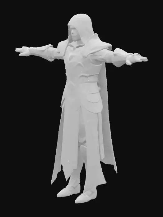 3D model for A discreet and elegant fantasy character inspired by the Dark Wizard from MU Online. He wears a light legendary armor with a magical, ethereal design in shades of light blue and silver. The armor should be sleek and refined, not bulky, with arcane symbols glowing faintly. His robe flows beneath lightweight armor plating on his chest, shoulders, and arms. He has a mystical staff or wand, and glowing blue eyes under a hood or circlet. The overall look is calm, wise, and powerful — a high-level wizard from a fantasy RPG world, standing in a mystical aura.