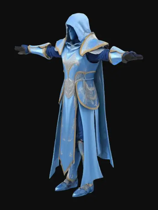 3D model for A discreet and elegant fantasy character inspired by the Dark Wizard from MU Online. He wears a light legendary armor with a magical, ethereal design in shades of light blue and silver. The armor should be sleek and refined, not bulky, with arcane symbols glowing faintly. His robe flows beneath lightweight armor plating on his chest, shoulders, and arms. He has a mystical staff or wand, and glowing blue eyes under a hood or circlet. The overall look is calm, wise, and powerful — a high-level wizard from a fantasy RPG world, standing in a mystical aura.