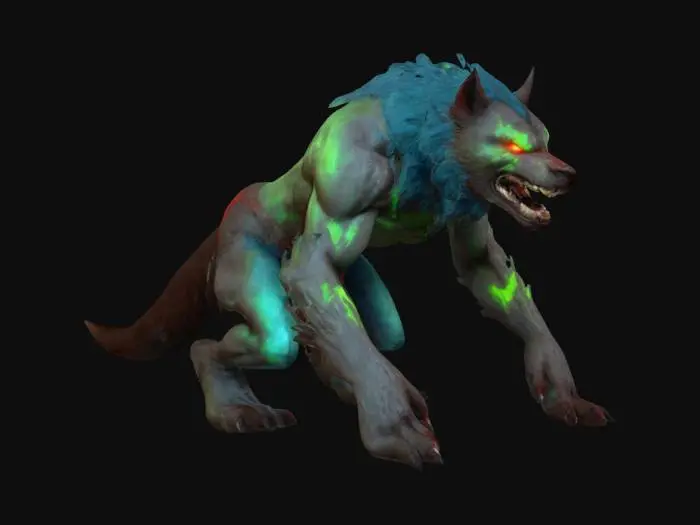 3D model for A fantasy Super Strong Radioactive Glowing Werewolf Beast, Big Teehts, Grey, Blue, Green Fur, Red eyes, Brown Torn Pants, Detailed Game Character