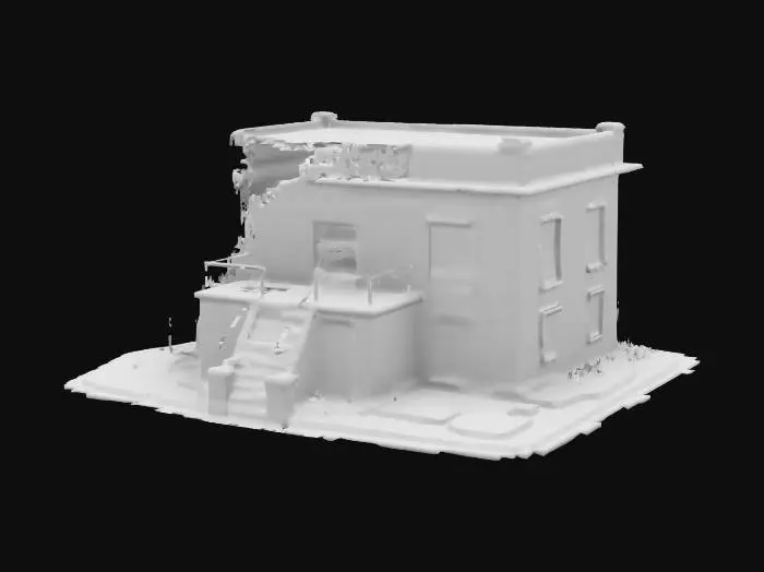 3D model for Generate a high-quality 3D model of a old abandoned Prison with realistic textures and detailed geometry. The model should include intricate elements such as stone walls, metal doors, metal bars on windows and a high metal fence. Ensure accurate proportions, smooth topology, and optimized polygon count for efficient rendering. Apply realistic lighting and shadows to enhance depth and realism.