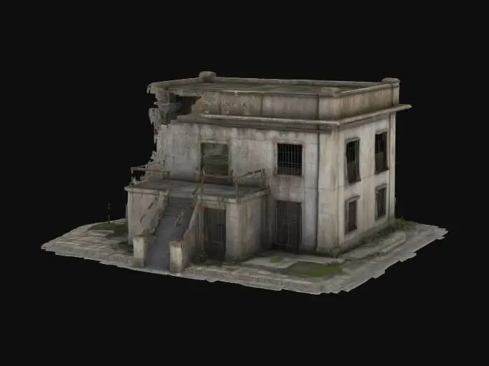 3D model for Generate a high-quality 3D model of a old abandoned Prison with realistic textures and detailed geometry. The model should include intricate elements such as stone walls, metal doors, metal bars on windows and a high metal fence. Ensure accurate proportions, smooth topology, and optimized polygon count for efficient rendering. Apply realistic lighting and shadows to enhance depth and realism.