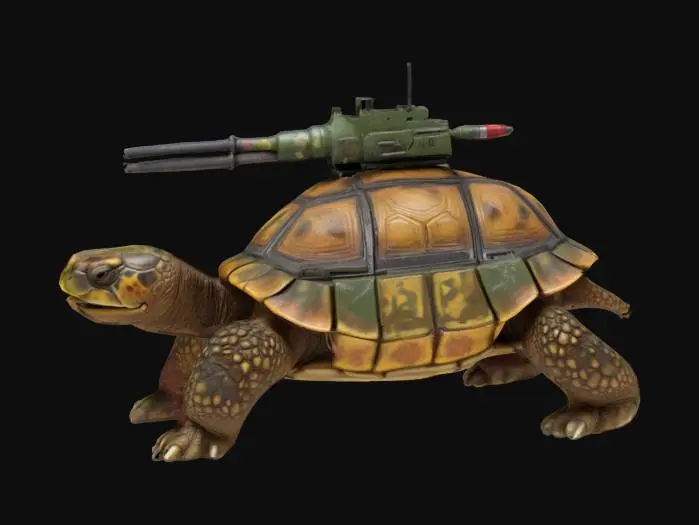 3D model for A weaponized Tortoise, normal fantasy tortoise, with machine guns on its shell, its body, torn from war, spray painted camo visible on certain spots