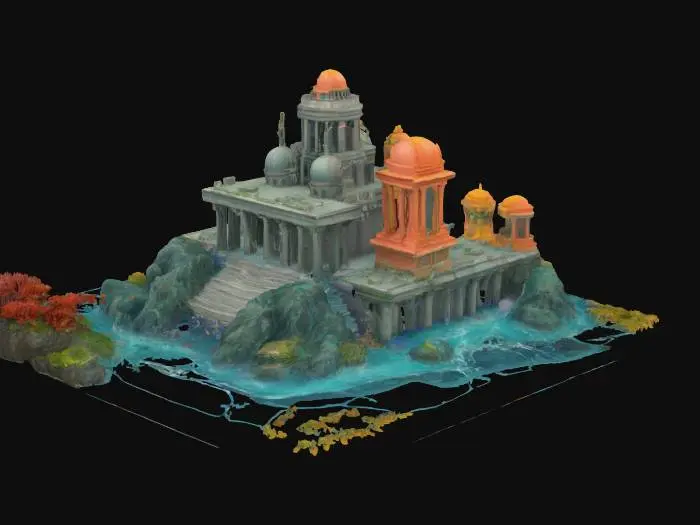 3D model for The whole city of Atlantis, torn by the sea, seaweed and coral stuck on it, detailed powerful realistic, #ocean#