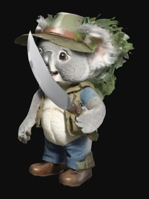 3D model for A simple cartoon styled crazy happy koala with boots, Australian inspired hat, vest and a big knife