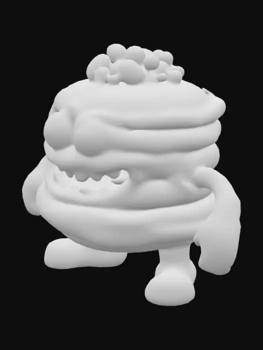 3D model for A pile of pancakes with syrup and berries on top, turned into a monster with arms, legs, eyes and a mouth full of sharp teeth,  simple cartoon character.