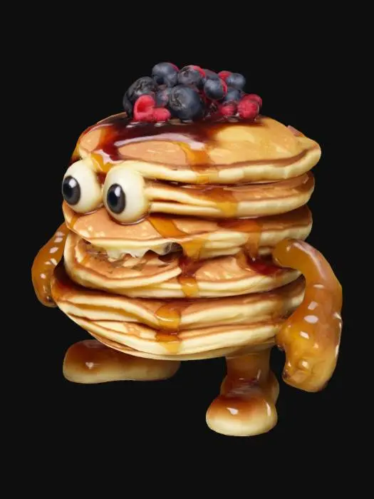 3D model for A pile of pancakes with syrup and berries on top, turned into a monster with arms, legs, eyes and a mouth full of sharp teeth,  simple cartoon character.