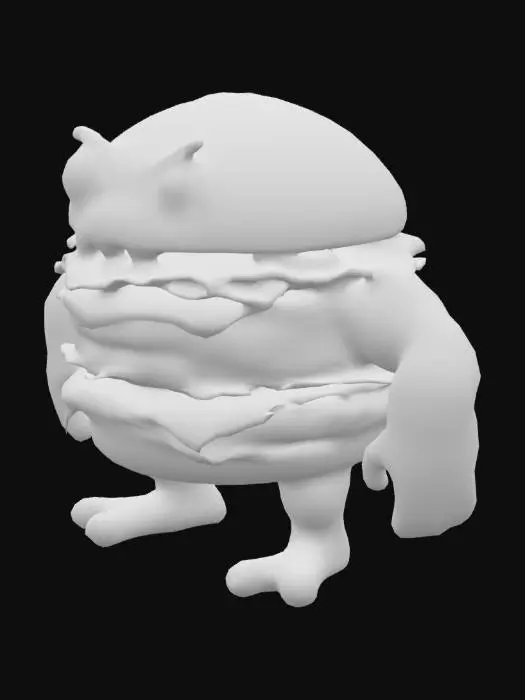 3D model for A big hamburger with double beef, vegatables, sauce and a lot of cheese, turned into a monster with arms, legs, eyes and a mouth full of sharp teeth,  simple cartoon character.