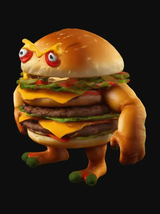 3D model for A big hamburger with double beef, vegatables, sauce and a lot of cheese, turned into a monster with arms, legs, eyes and a mouth full of sharp teeth,  simple cartoon character.