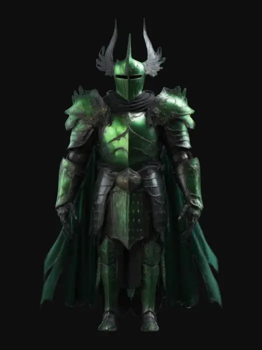 3D model for A Dark Lord from a fantasy medieval time, with Dark full body armour, a winged helmet, details and cloth glowing of a green luminiscent color, full body, detailed