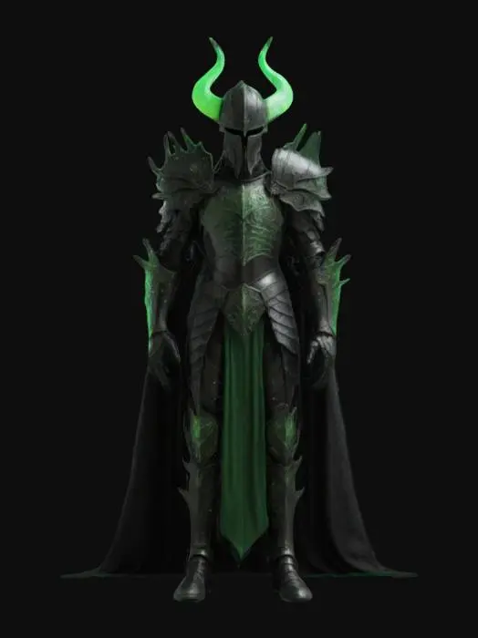 3D model for A Dark Lord from a fantasy medieval time, with Dark full body armour, a winged helmet, details and cloth glowing of a green luminiscent color, full body, detailed