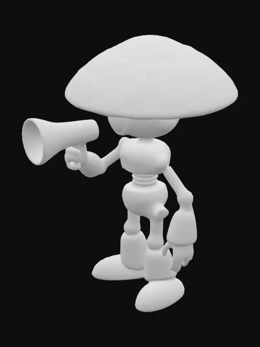 3D model for A simple wooden robot with a fly agaric fungi head holding a megaphone