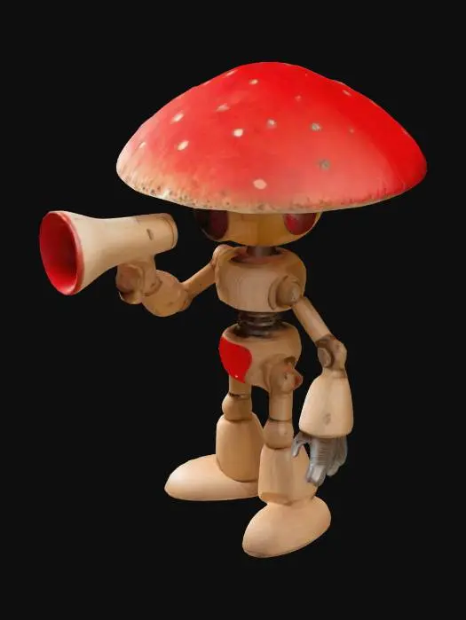 3D model for A simple wooden robot with a fly agaric fungi head holding a megaphone