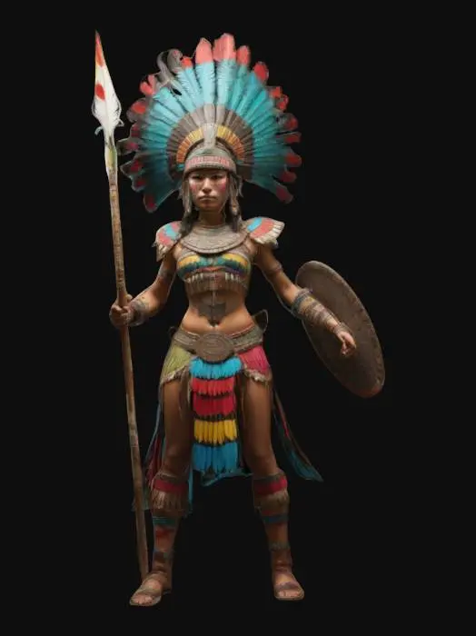 3D model for A Mayan Female Warrior from ancient times, with colorful armour, a feather headress, full body, detailed
