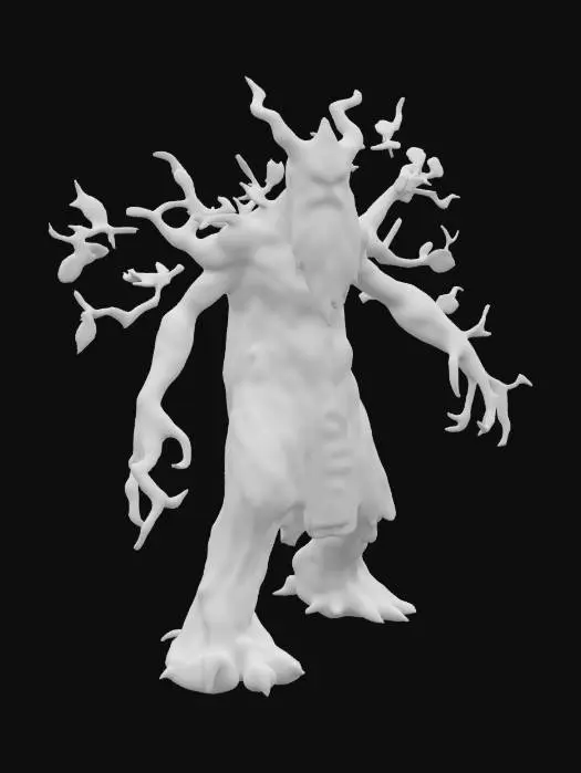3D model for A magical ENT character, Large, wooden figure, long branches as arms, semi-healthy leaves on top, walking tree, detailed game character in Massive size