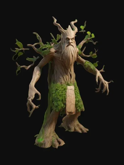 3D model for A magical ENT character, Large, wooden figure, long branches as arms, semi-healthy leaves on top, walking tree, detailed game character in Massive size