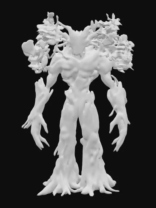 3D model for A magical ENT character, Large, wooden figure, long branches as arms, semi-healthy leaves on top, walking tree, detailed game character in Massive size