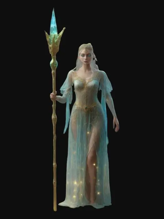3D model for Fantasy Nature Forest Queen in high detail, perfect body, dressed in transparent silk long dress, delicate face with beautiful Blue eyes, holding a green glowing Crystal staff completely covered with sparkling golden dust, extremely details, high resolution texture, epic stance, well lit, ultra realistic
