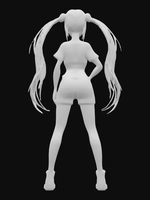 3D model for Full Body Woman Game Character, short  Green T-shirt, short jeans short, long red hair with purple stripes in ponytails on both sides, simple detailed colorful 