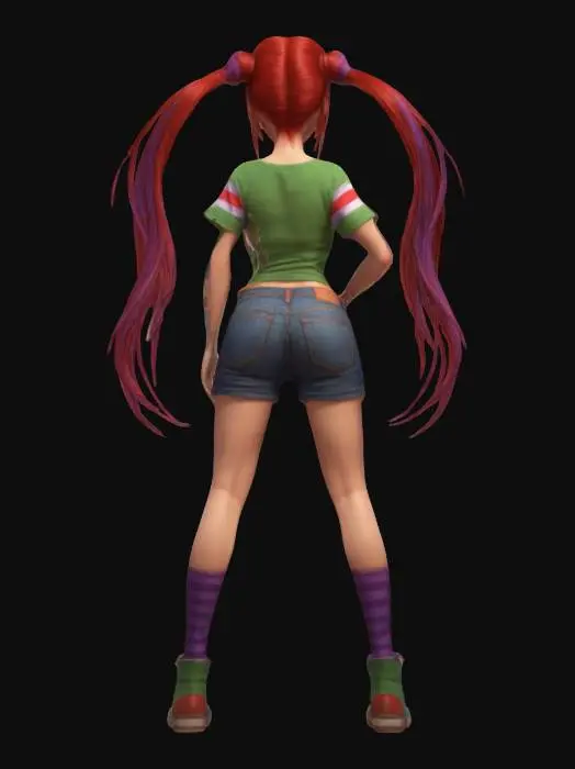3D model for Full Body Woman Game Character, short  Green T-shirt, short jeans short, long red hair with purple stripes in ponytails on both sides, simple detailed colorful 