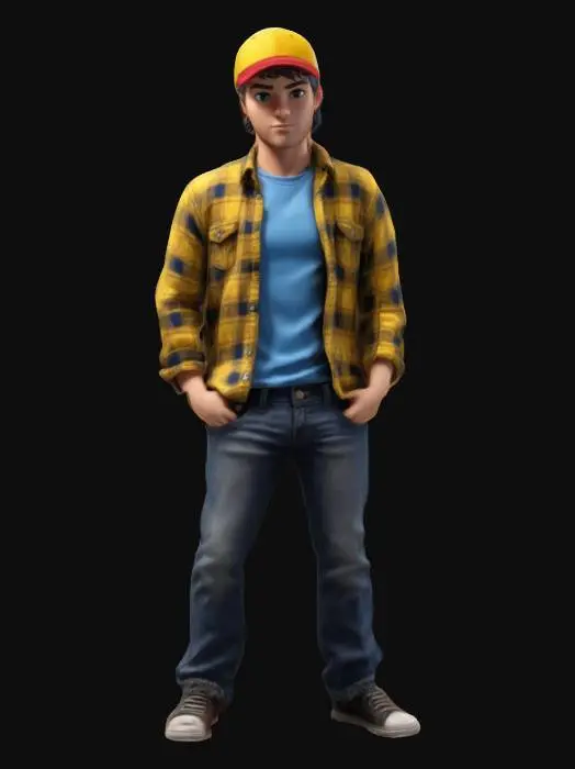 3D model for Full Body Man Game Character, yellow-black flannel-shirt, jeans, Blue-red Baseball cap, white T-shirt, simple detailed colorful