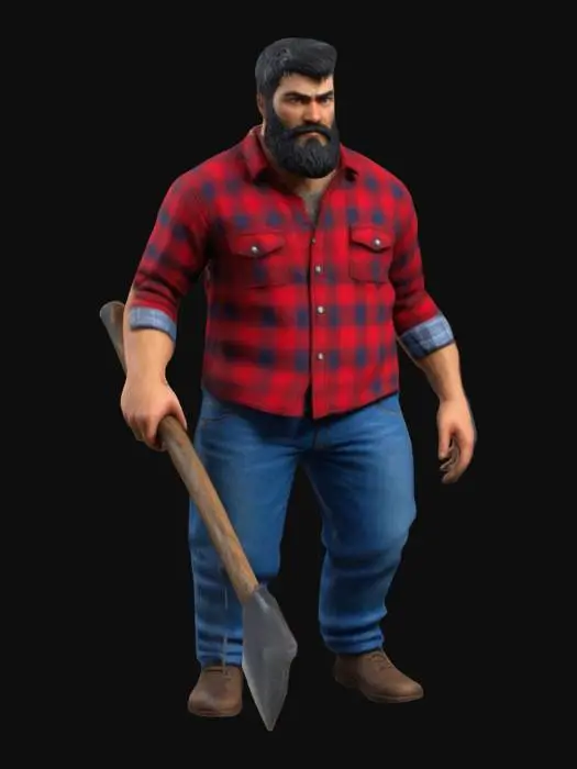 3D model for A really short Handsome Black Bearded Woodcutter, wearing a red flannel, blue jeans, and holding an axe. Simple detailed game character., #game figure#