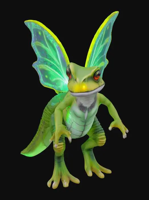 3D model for A mix of creatures with a T-Rex body, Frog Head, Fairy Wings, Glowing LED Armour, #fairy#