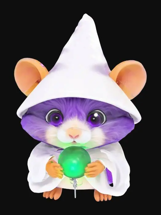 3D model for A purple-orange Fluffy Hamster Wizard Humanoid with a Green Orb White Staff, Detailed Game Character