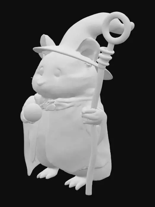 3D model for A purple-orange Fluffy Hamster Wizard Humanoid with a Green Orb White Staff, Detailed Game Character