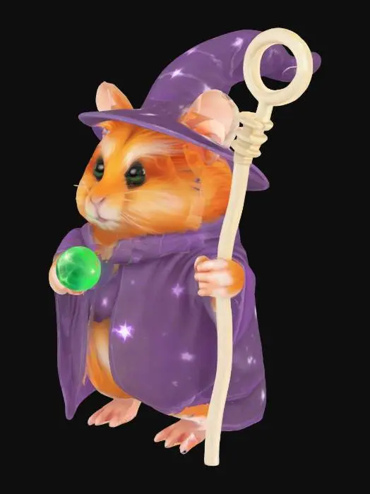 3D model for A purple-orange Fluffy Hamster Wizard Humanoid with a Green Orb White Staff, Detailed Game Character