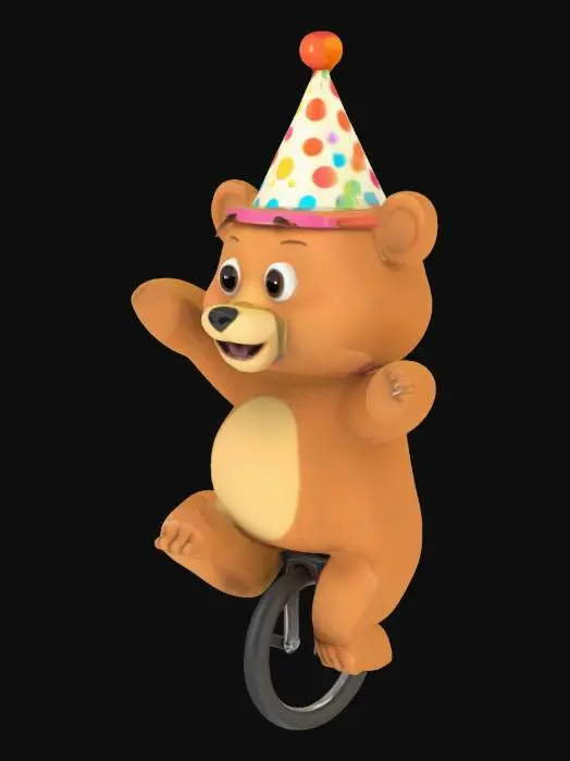 3D model for A simple cartoonish Bear with a party cone hat, riding a Unicycle