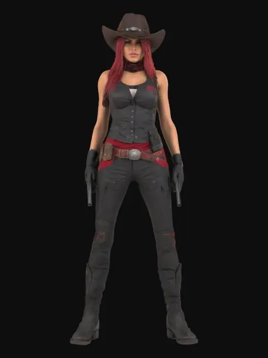 3D model for A Cowgirl bounty hunter with seductive tactical black and red gear and clothes