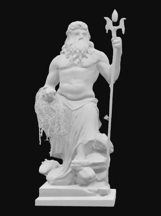 3D model for Stone statue of Poseidon, torn by the sea, seaweed and coral stuck on it, detailed powerful realistic, #ocean#