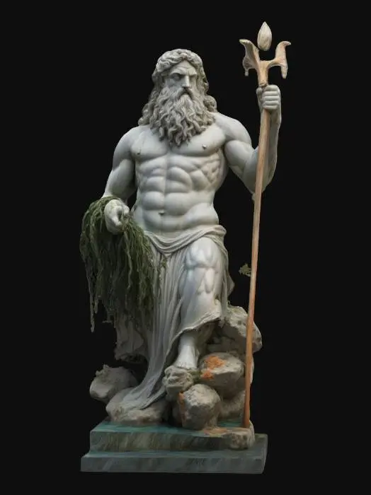 3D model for Stone statue of Poseidon, torn by the sea, seaweed and coral stuck on it, detailed powerful realistic, #ocean#