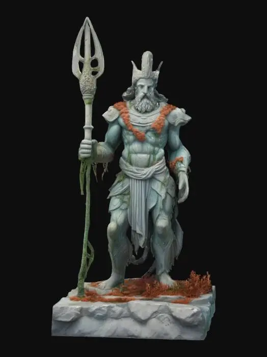 3D model for Stone statue of a Guardian of Atlantis, torn by the sea, seaweed and coral stuck on it, detailed powerful realistic, #ocean#