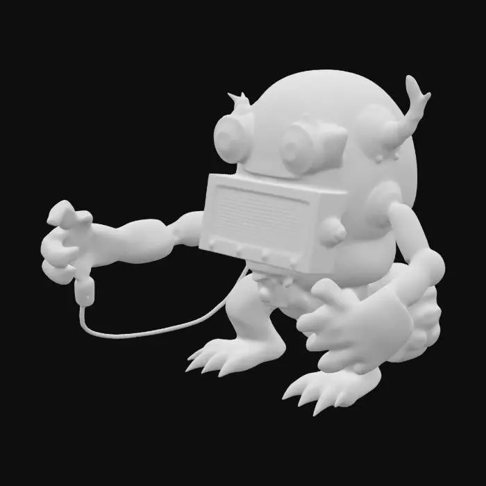 3D model for A crystal and wood monster doll with a yellow, transparent body., holding a wired timer made out of copper and blue and red LED lights, detailed, and vintage while futuristic. The body is solid, ultra-realistic textures with a steampunk sci-fi aesthetic.
, #ChronoForgeWeapon#