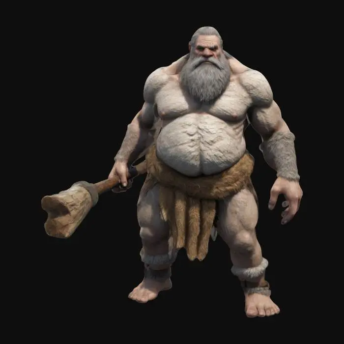 3D model for A tall stone age giant in fur rags and a log weapon, Game Assets, Highly Detailed, Ultra Realistic, Body, A-pose, Full Body, ARMS AWAY FROM THE BODY , detailed