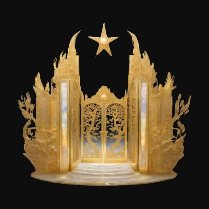 3D model for The Gates of Heaven stand as towering, radiant structures, shimmering with an ethereal glow that shifts between gold and pearl. Carved with intricate patterns of celestial symbols, they seem to hum with a gentle, divine energy. The gates themselves appear weightless, floating slightly above the ground, yet they radiate an undeniable presence of grandeur and peace.

 the entrance are colossal pillars woven with vines of glowing silver and encrusted with gemstones that sparkle like captured stars.