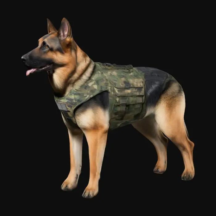 3D model for A Military K-9 German Shepherd with a camouflage vest, detailed game animal