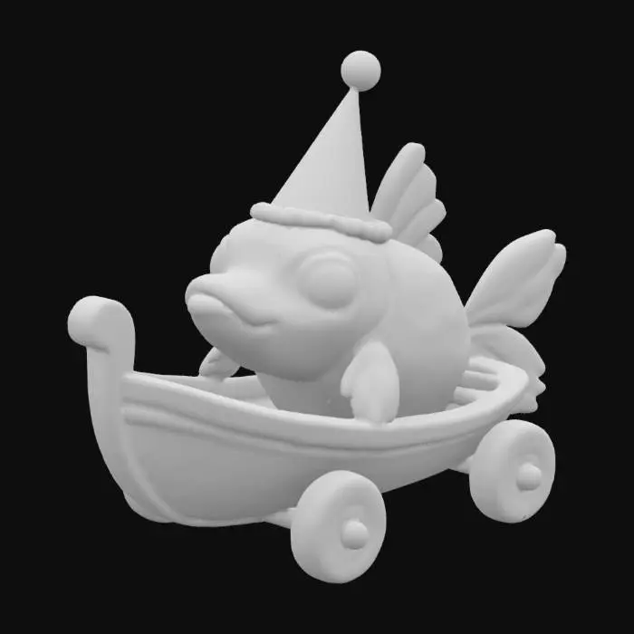 3D model for A Goldfish with a blue party top hat, riding a Boat on Wheels