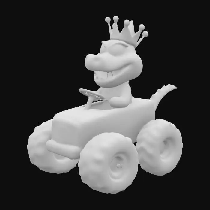 3D model for An Alligator with a party crown hat, riding a Tractor
