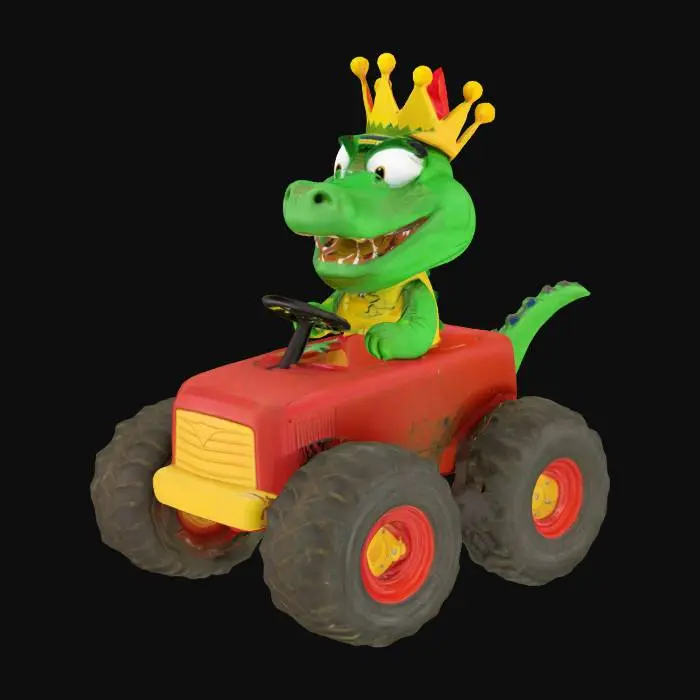 3D model for An Alligator with a party crown hat, riding a Tractor