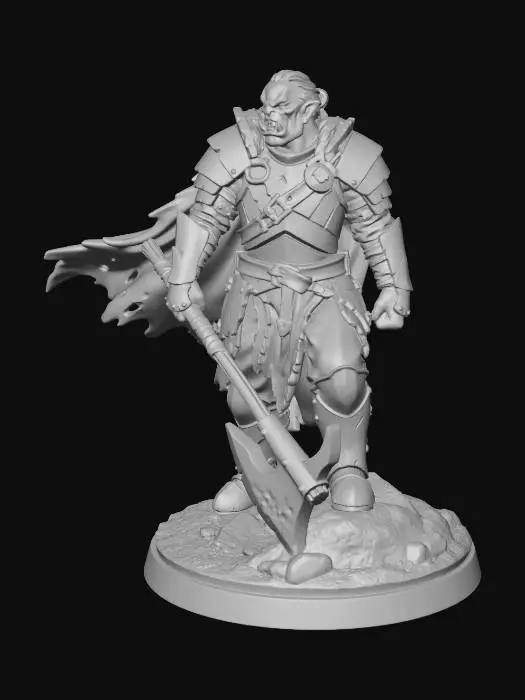 3D model for warhammed middle earth miniature of a mordor orc warlord, the miniature has a round base, it yields a long battle axe that touches the ground, rusty armor and rags cape blowing in the wind
