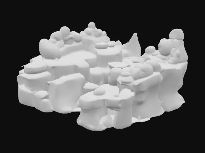 3D model for "Stylized alien terrain with smooth rocky plateaus, glowing bioluminescent cracks, and strange rounded formations across the ground. Palette of cool blues, turquoise, and deep purples, glowing softly with green highlights. a full game-ready level with platforms and gaps to clear. The style should be cartoonish, bold, and vibrant, with exaggerated proportions and a clean finish that matches a bright blue alien character. Game-ready 3D mesh, no sky, no background, no props, only the terrain floor model