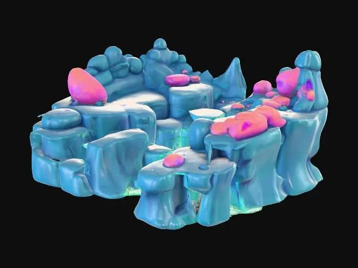 3D model for "Stylized alien terrain with smooth rocky plateaus, glowing bioluminescent cracks, and strange rounded formations across the ground. Palette of cool blues, turquoise, and deep purples, glowing softly with green highlights. a full game-ready level with platforms and gaps to clear. The style should be cartoonish, bold, and vibrant, with exaggerated proportions and a clean finish that matches a bright blue alien character. Game-ready 3D mesh, no sky, no background, no props, only the terrain floor model