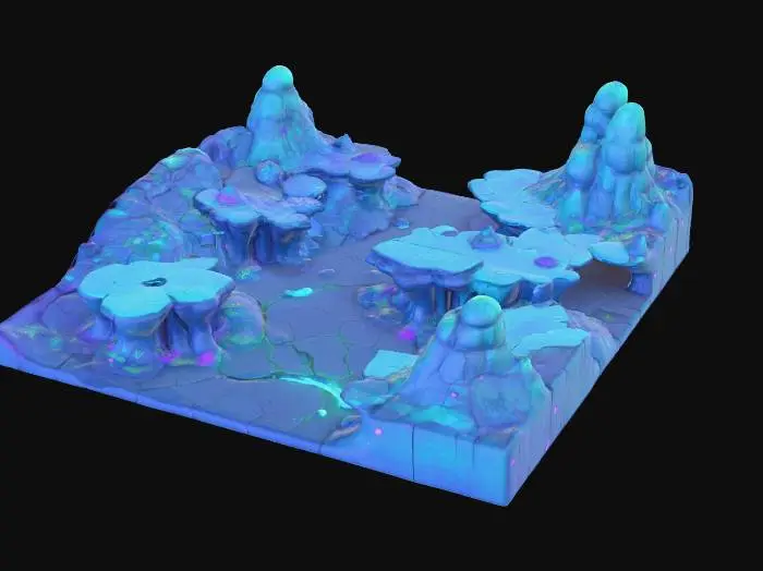 3D model for highly detailed "Stylized alien terrain with smooth rocky plateaus, glowing bioluminescent cracks, and strange rounded formations across the ground. Palette of cool blues, turquoise, and deep purples, glowing softly with green highlights. a full game-ready level with platforms and gaps to clear. The style should be cartoonish, bold, and vibrant, with exaggerated proportions and a clean finish that matches an otherworldly vibe Game-ready 3D mesh, no sky, no background, no characters, no props, only the terrain floor model